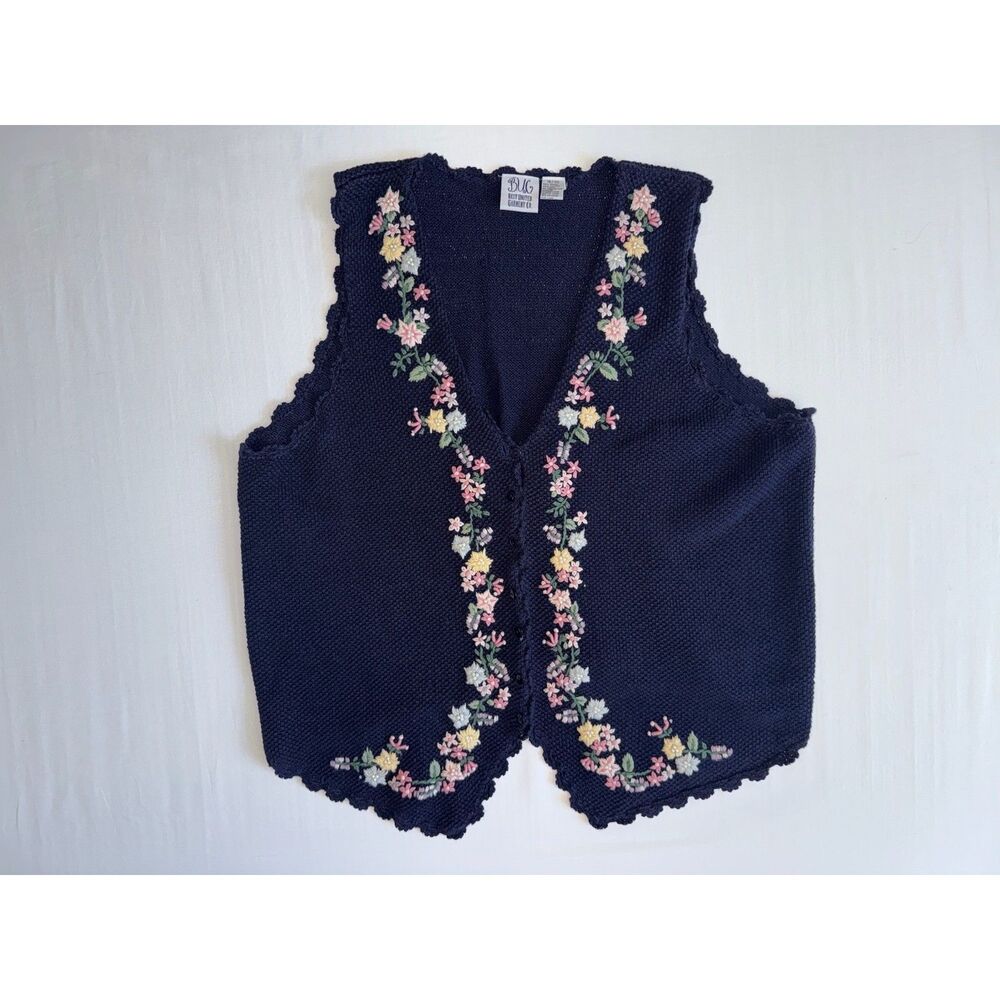 B.U.G. Navy Blue Floral Embroidered Knit Vest | Size 18/20